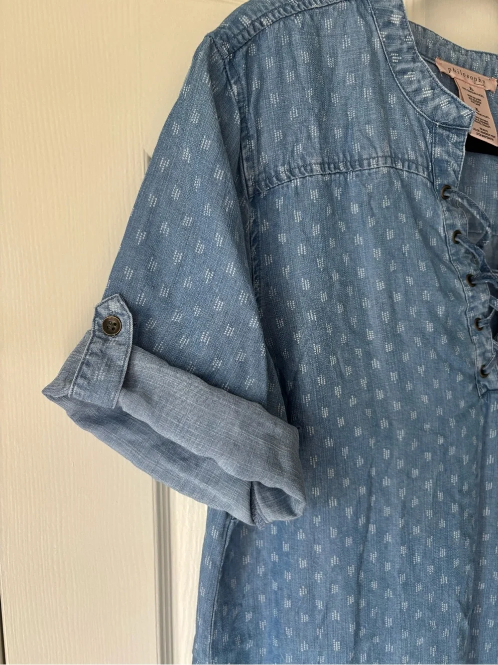 Philosophy Light Blue Chambray Lace-Up Mini Dress with *pockets*